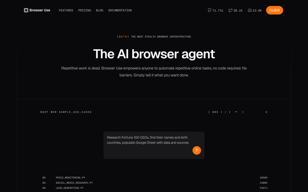 Screenshot of Browser Use Cloud
