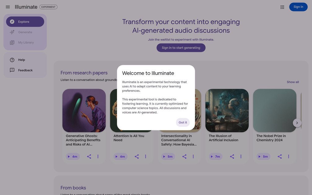 Screenshot of Google Illuminate