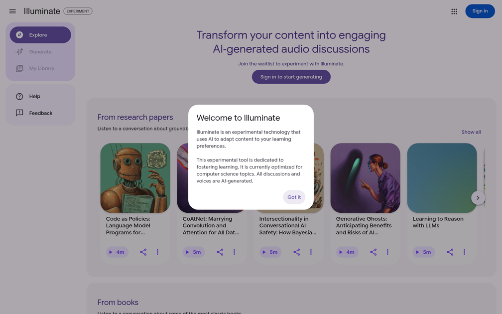 Screenshot of Google Illuminate