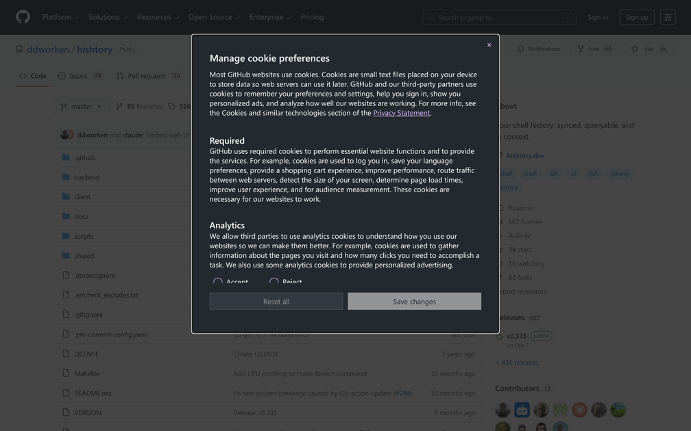 Screenshot of hishtory