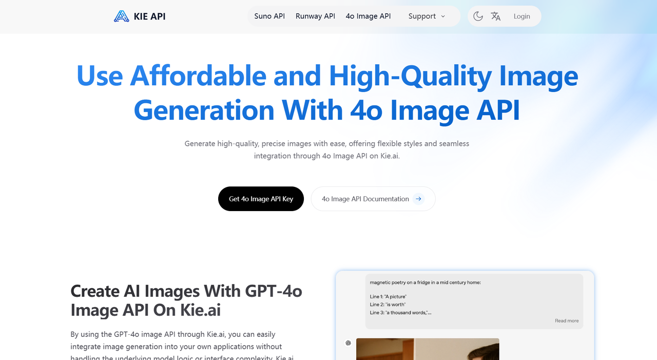 Screenshot of Kie.ai: Affordable and Reliable 4o Image API(The latest released)