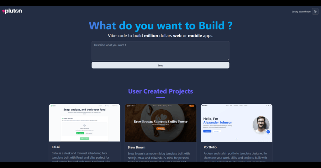 Screenshot of Pluton - Chat, Build, Launch and Sell webapps.
