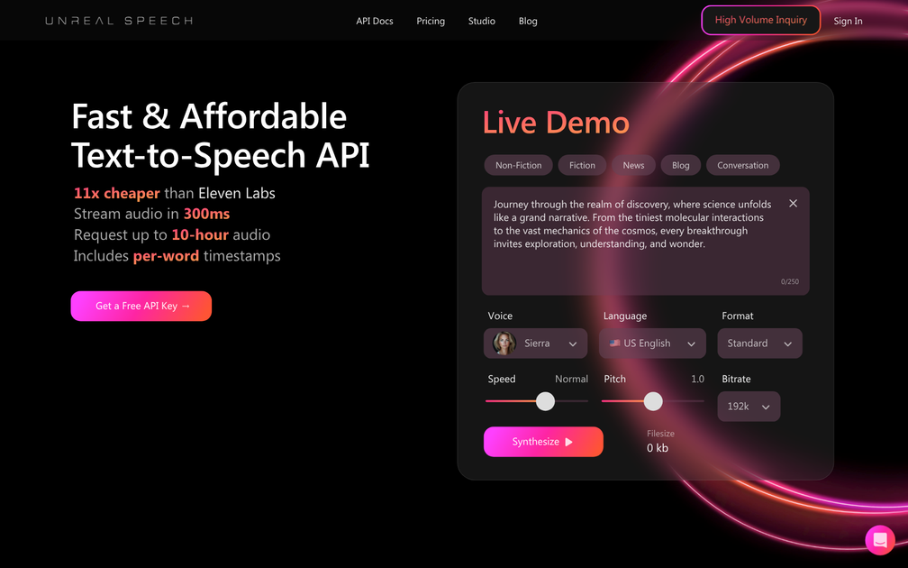 Screenshot of Unreal Speech